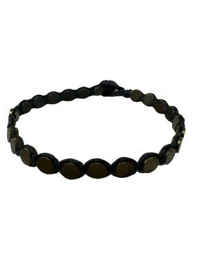 Black Cord Bracelet Bronze Round Button Closure Boho Artsy Stackable Handmade